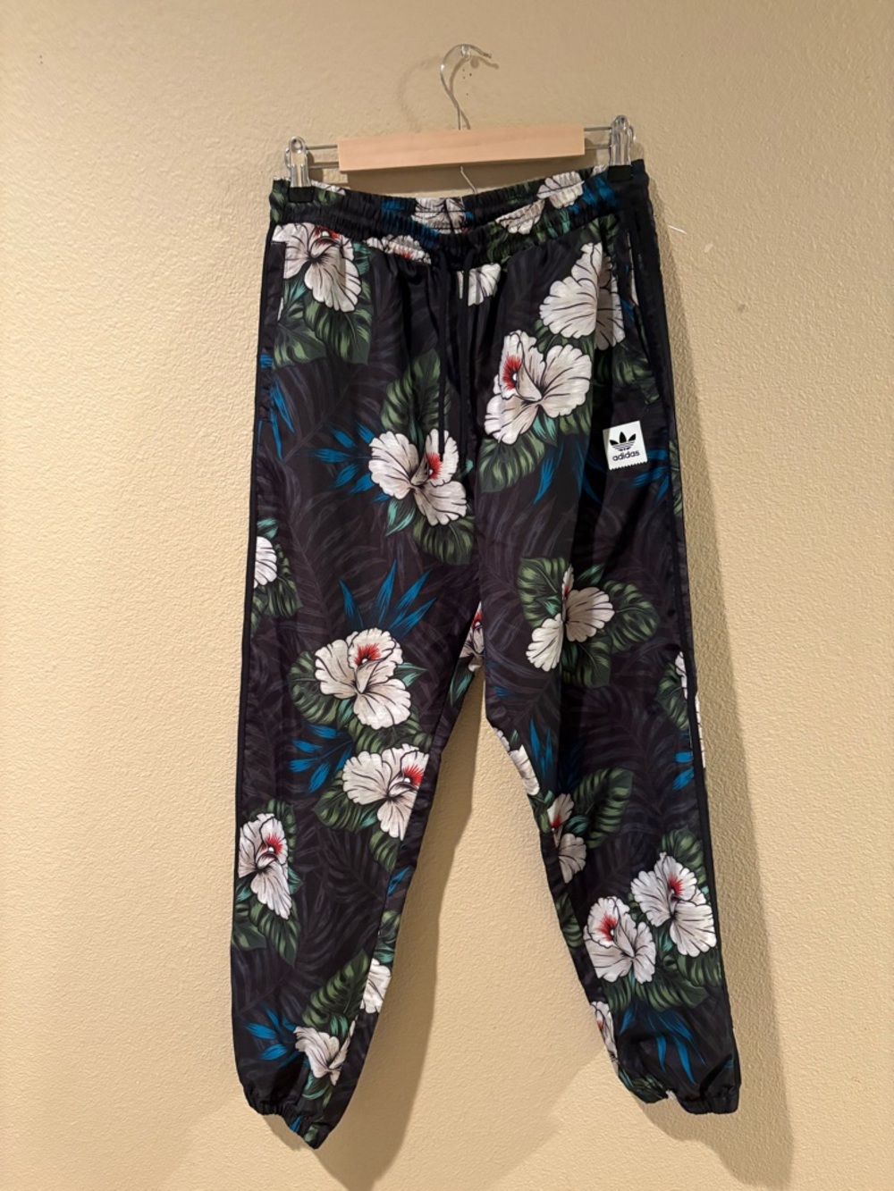adidas Women's Floral Track Pants Black White Green Blue Size M Elastic Waist